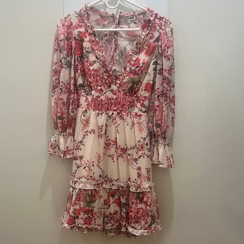 Fashion Nova Floral Long Sleeve Dress - Pink and Cream